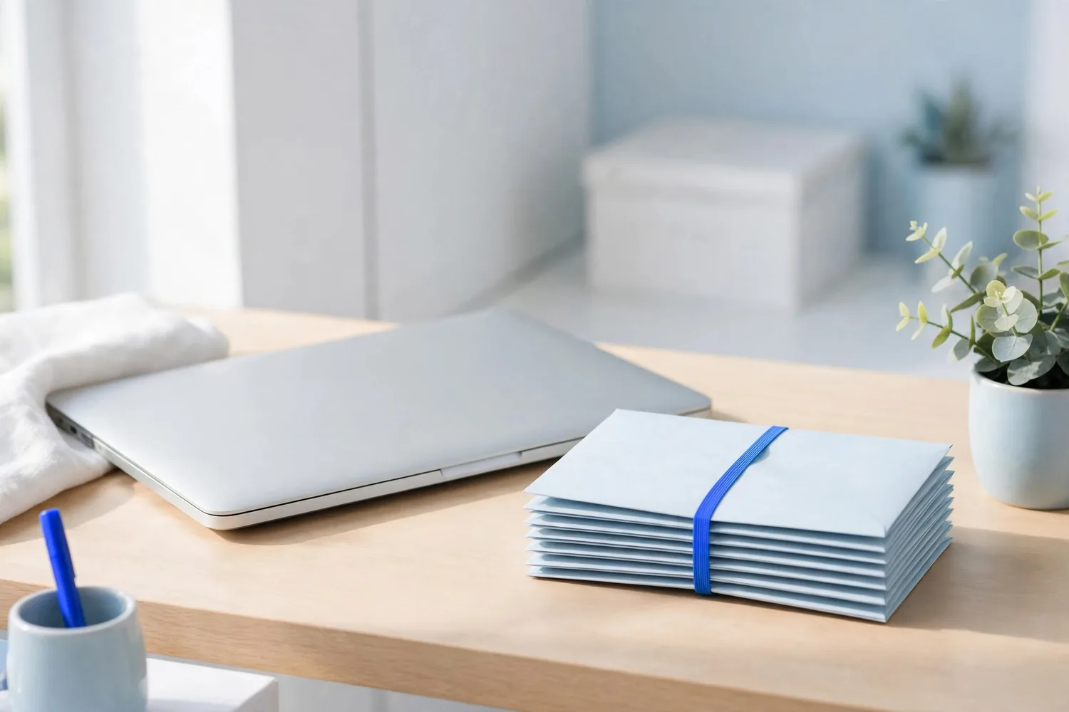 A laptop and envelopes